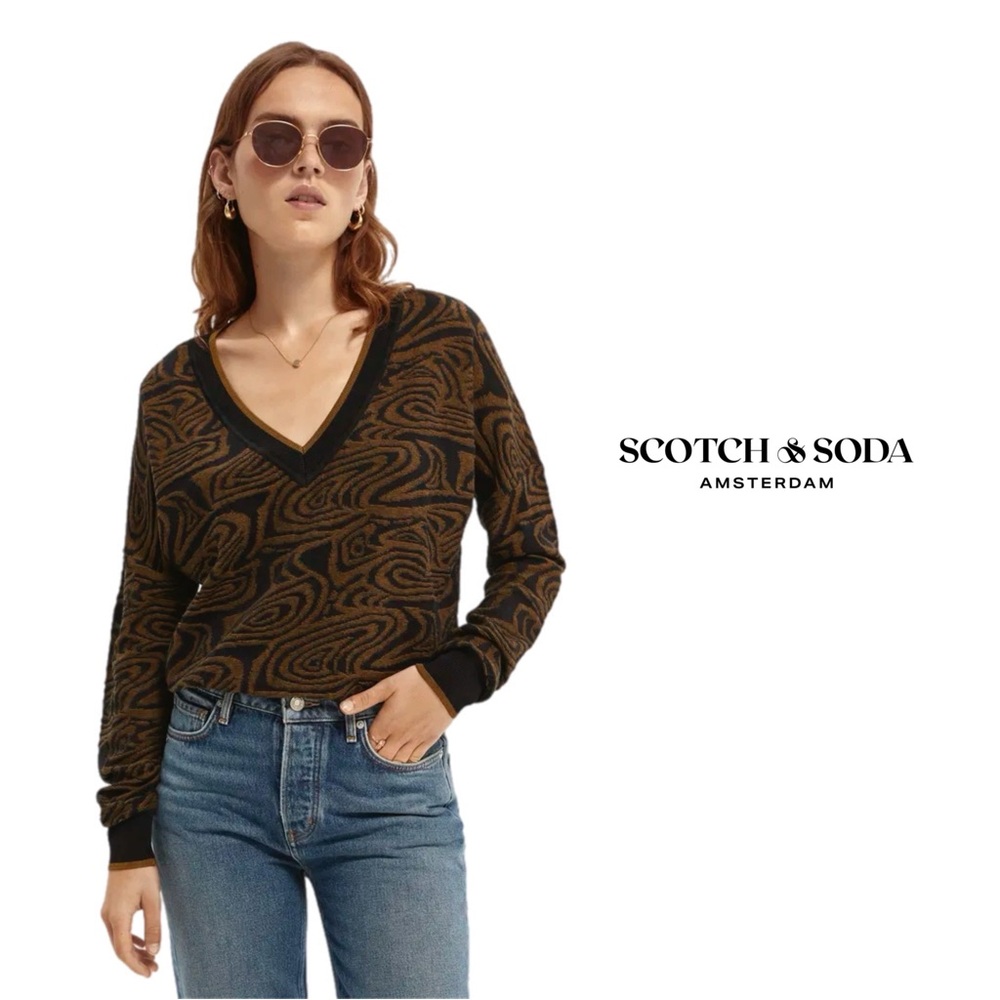 NEW Scotch & Soda Printed Intarsia V-Neck Sweater